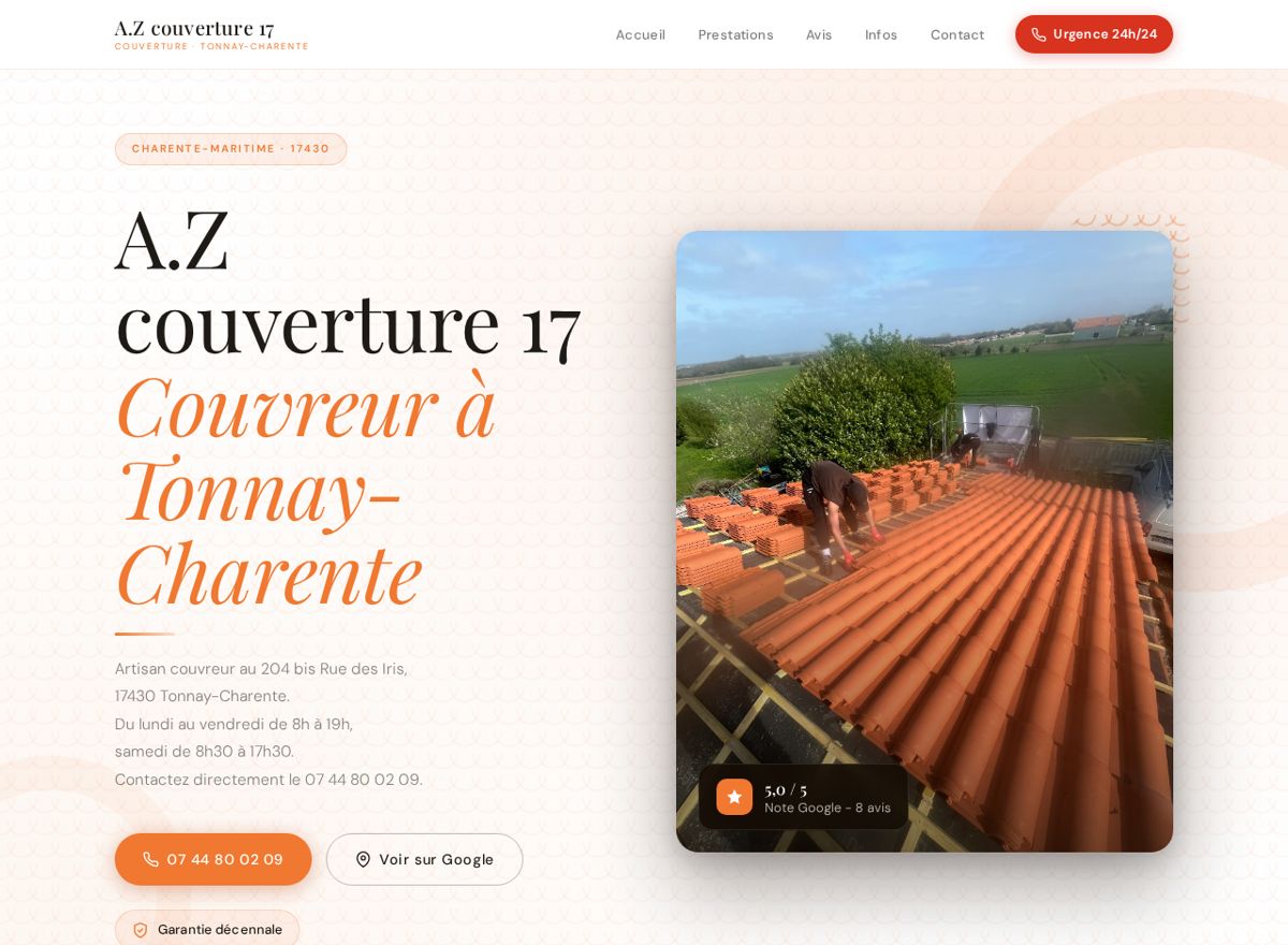 Site vitrine couvreur17.fr pour A.Z couverture 17, couvreur en Charente-Maritime